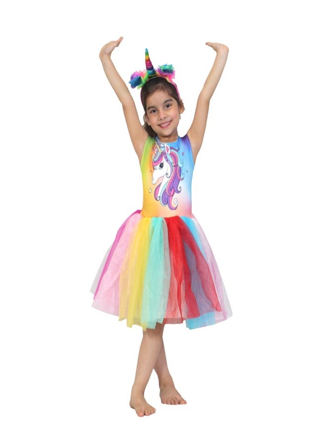 كاكو فانسي دريسيس طقم أزياء تنكرية من كاكو، فستان يونيكورن خيالي مع عصابة رأس، مناسب للحفلات التنكرية والمسرحيات، للفتيات من عمر 3-4 سنوات - متعدد الألوان - Image 1